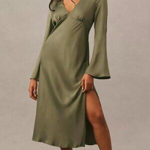 Anthropology BHLDN Avani V-Neck Long-Sleeve Satin Midi Dress, Medium , NWT